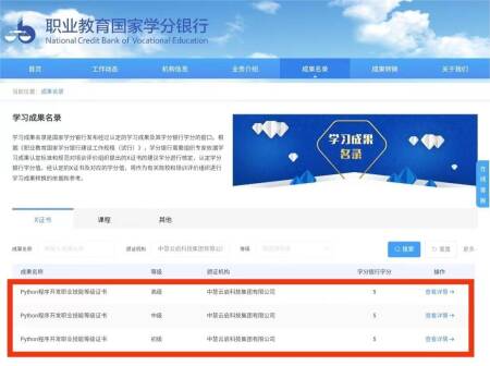 中慧集团1+X Python程序开发职业技能等级证书成功通过职业教育国家学分银行学习成果认定